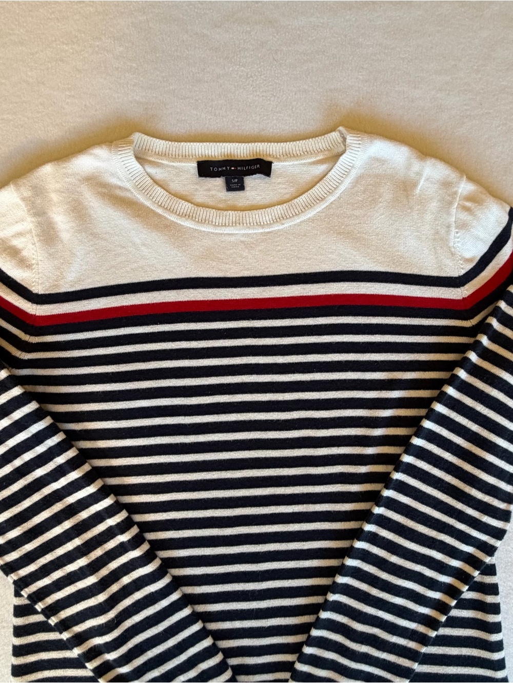 Tommy Hilfiger Coastal White Navy Striped Crewneck Sweater with Red Stripe